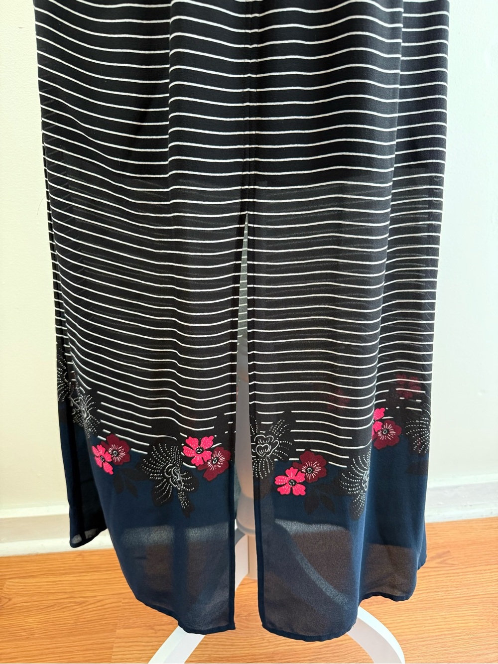 A.L.C ALC silk black white stripe cinch tie waist halter floral trim maxi dress - Picture 8 of 15